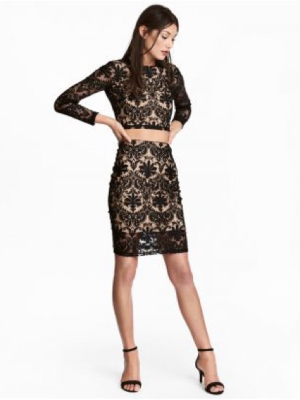 two piece lace Black Lace Pencil Skirt with Nude Lining with top